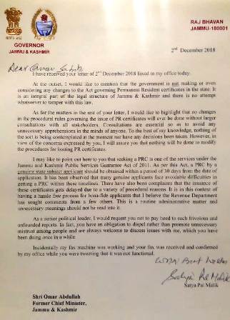 Image result for Govt neither making, nor considering any changes to Act governing Permanent Resident Certificates in JK: Governor tells Omar